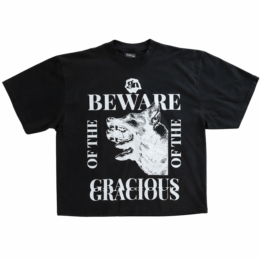 “Beware of the Gracious” Premium drop shoulder T-shirt (charcoal gray)